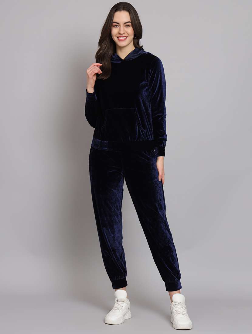 women navy blue cotton blend t-shirt & jogger co-ord set