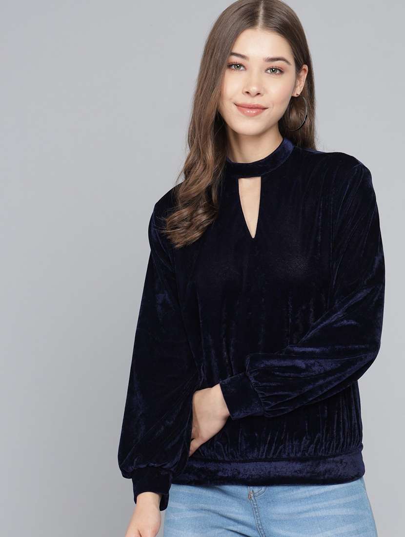 women navy blue velvet regular top