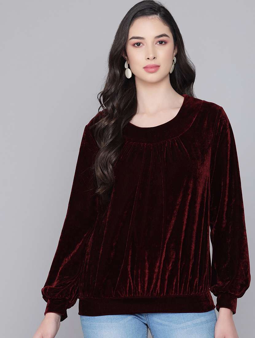 women maroon velvet regular top