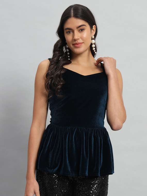 women blue solids peplum top