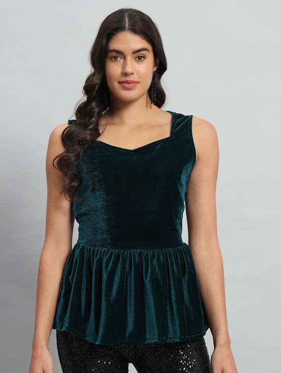 teal green velvet peplum top