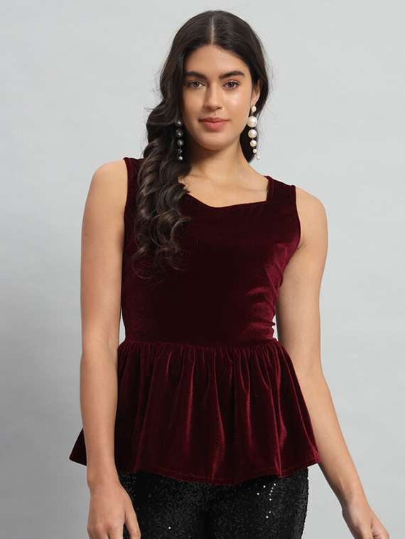 women maroon velvet peplum top
