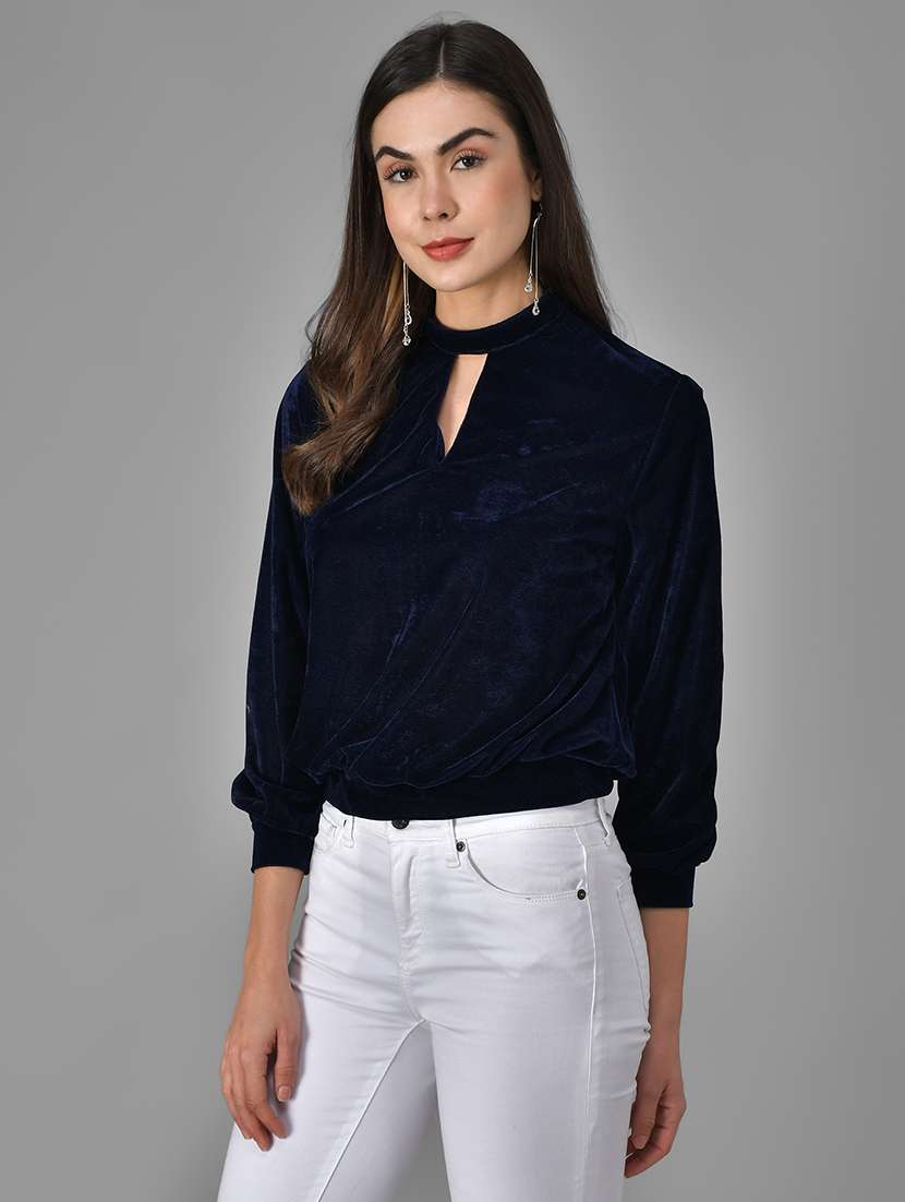 women blue solids regular top