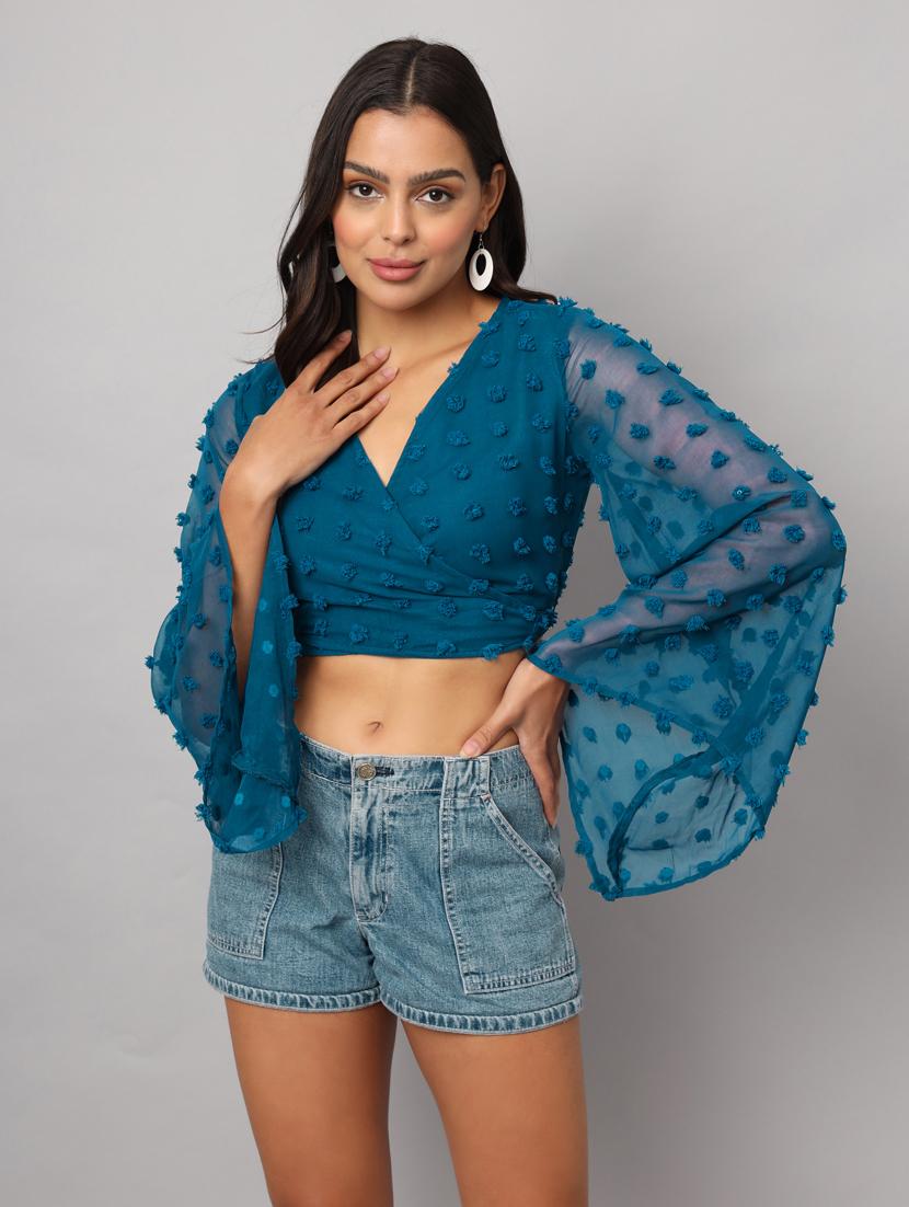 teal self design georgette wrap top - 21286793 - Standard Image - 2