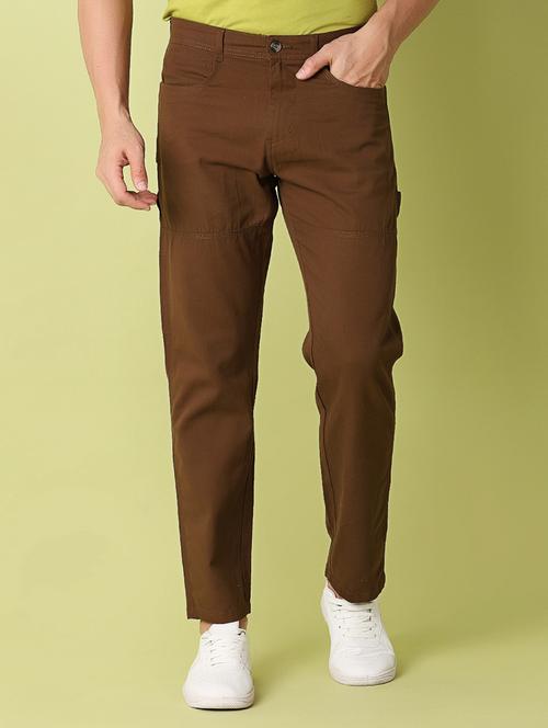 men brown solid cotton casual trouser - 21286991 -  Standard Image - 0