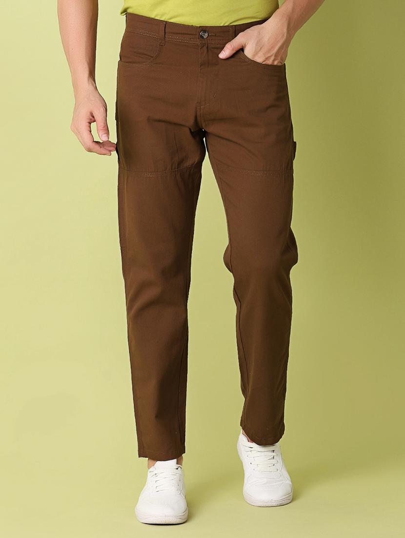 men brown solid cotton casual trouser - 21286991 -  Zoom Image - 0