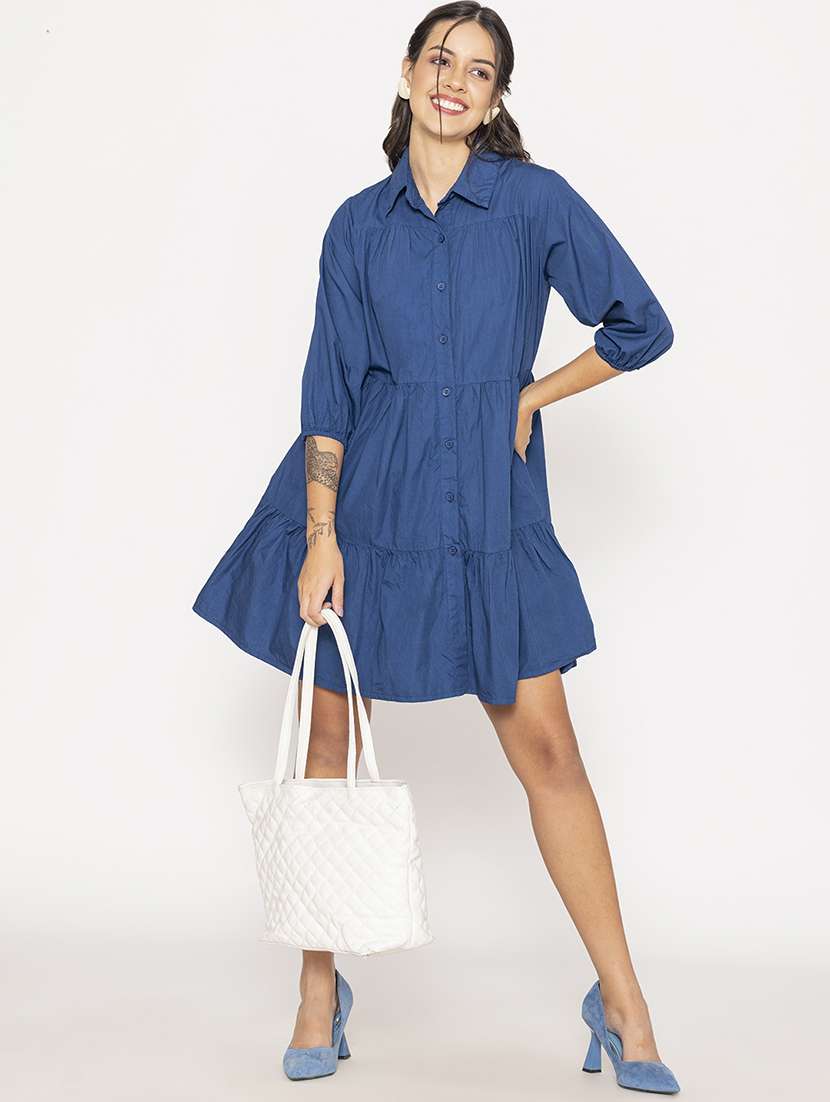 women shirt collar solid tiered dress