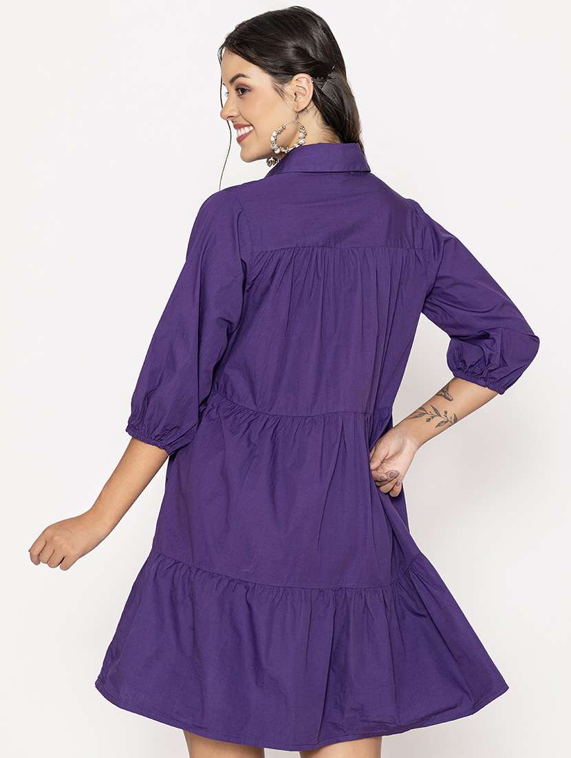 Women Shirt Collar Solid Tiered Dress
