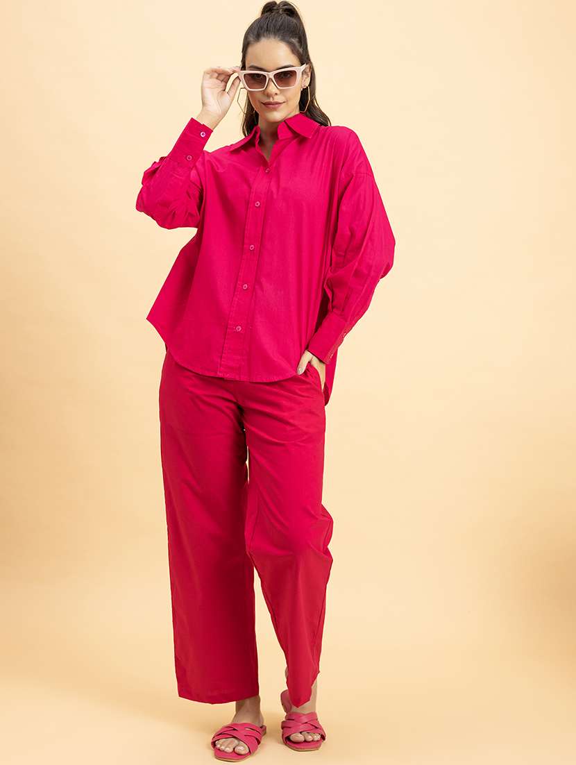women solid shirt and trouser co-ord set
