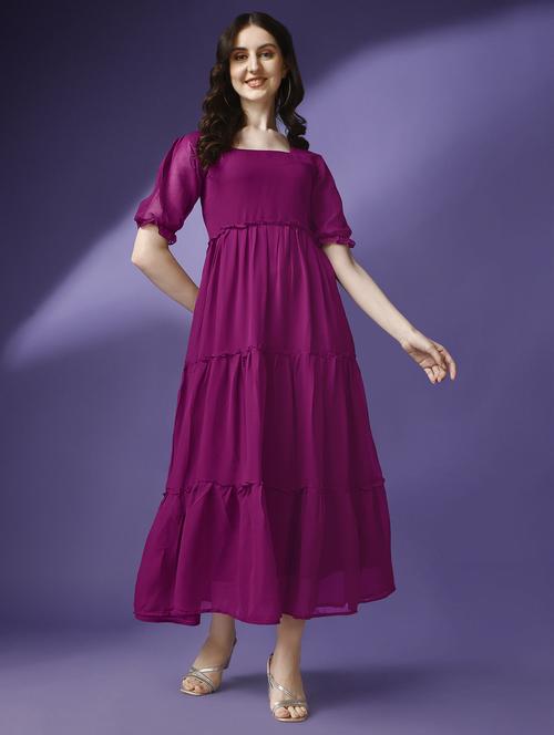 women purple solid puff sleeve tiered dress - 21287620 -  Standard Image - 0