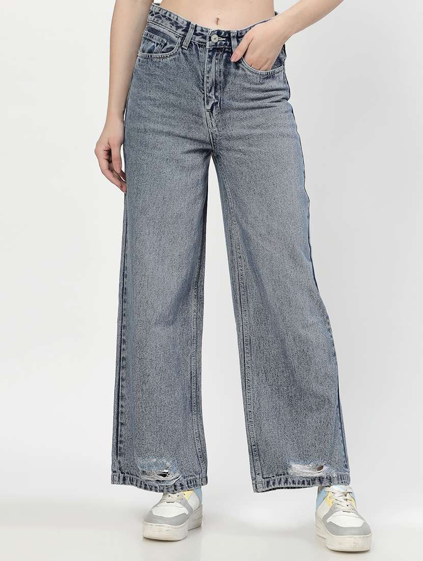 women distressed wide leg jean