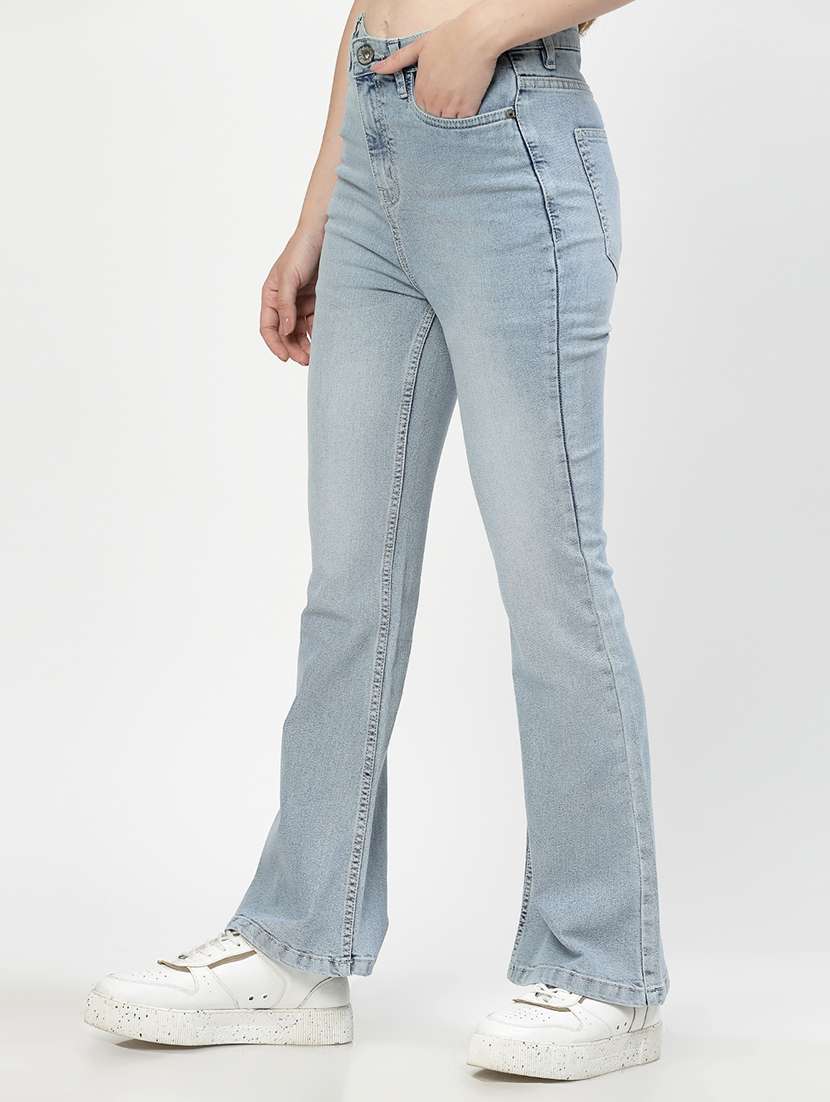 Solid Blue Cotton Bootcut Jeans