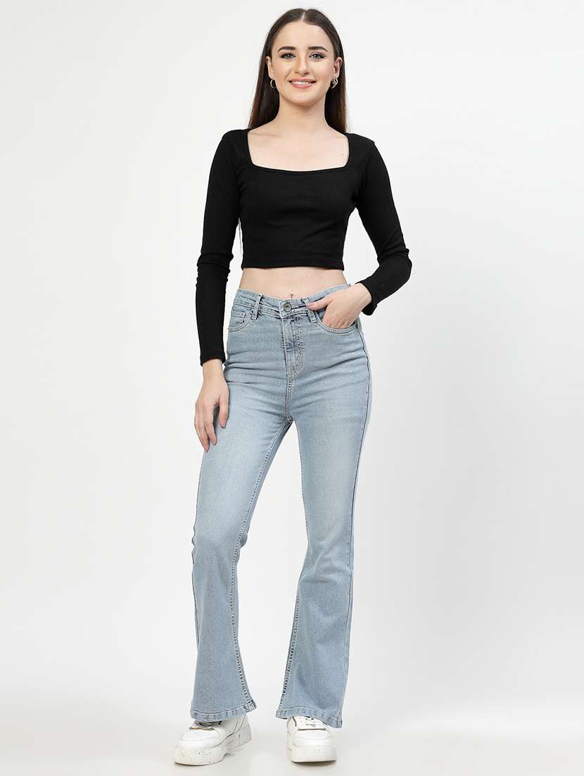 Solid Blue Cotton Bootcut Jeans