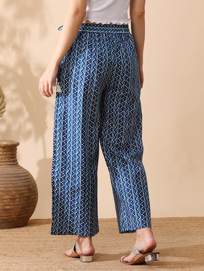 globus women blue all over printed straight palazzo with side tassel drawstring - 21290654 - Standard Image - 2