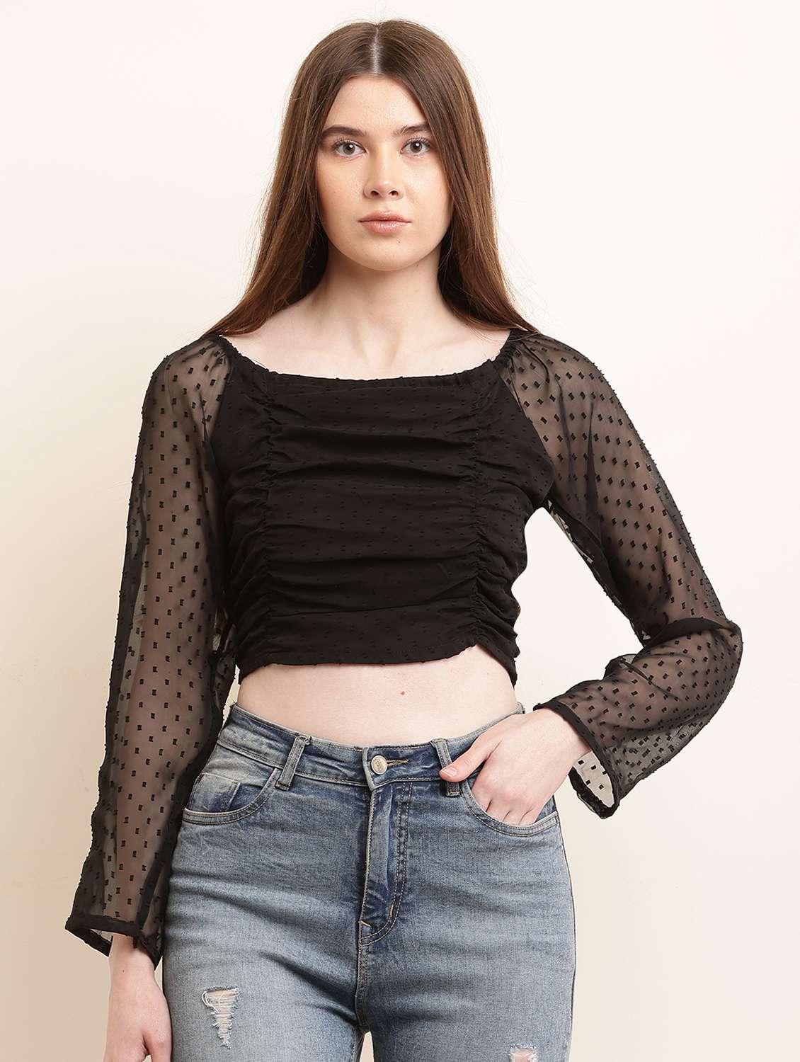 women solid puff sleeves ruched crop top