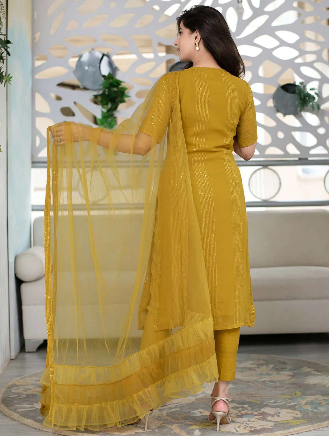 mustard self design suit set - 21291023 - Standard Image - 2