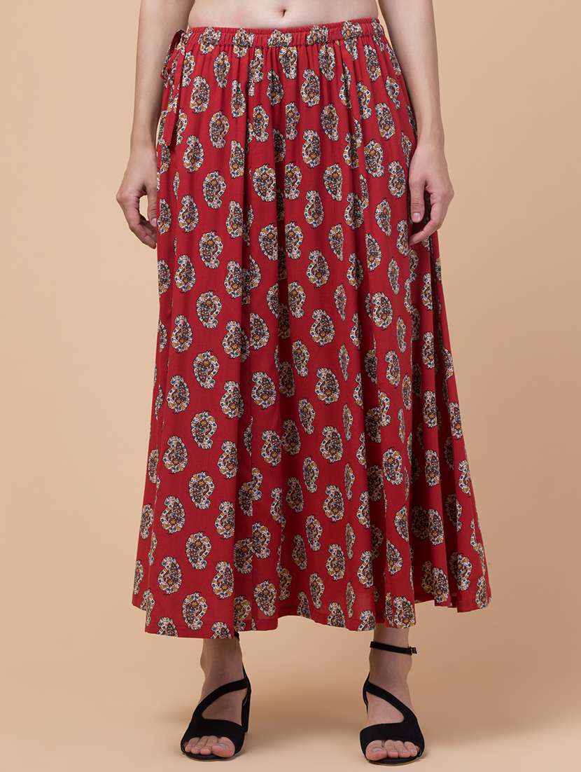 red rayon printed long skirt