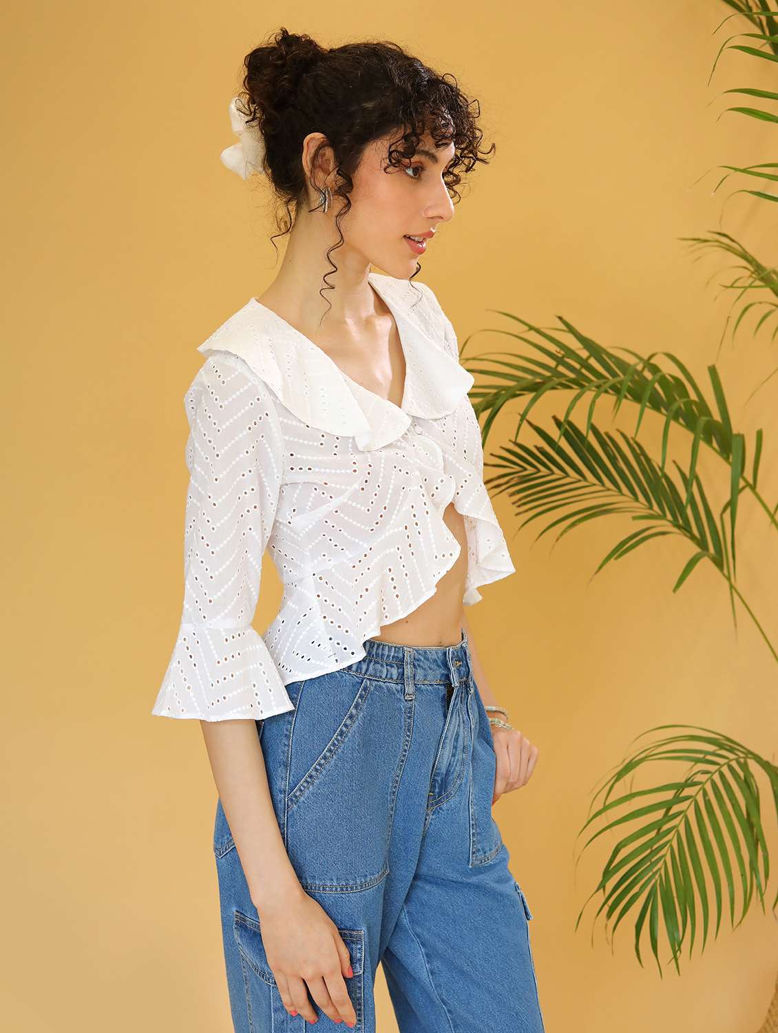 women ruffled detailed schiffli high-low top - 21295243 -  Standard Image - 2