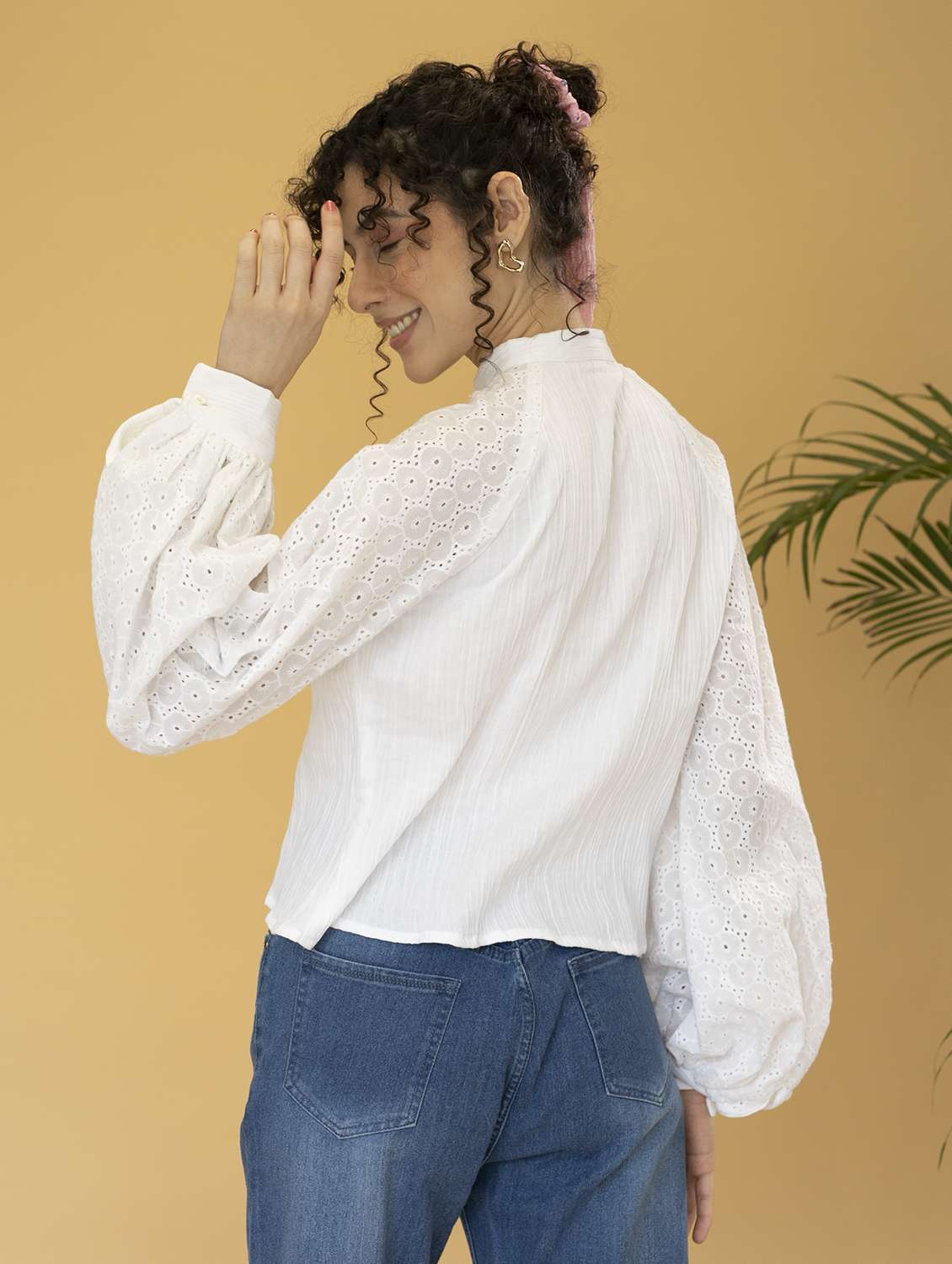 women optic white regular fit mandarin neck schiffli top - 21295244 -  Standard Image - 2