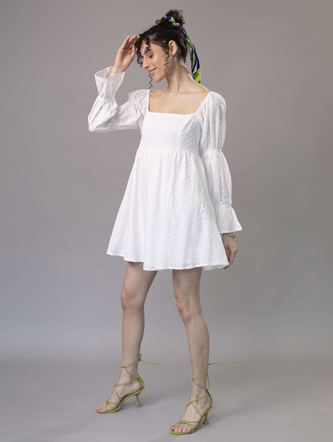 women puff sleeves schiffli a-line dress - 21295437 - Standard Image - 2