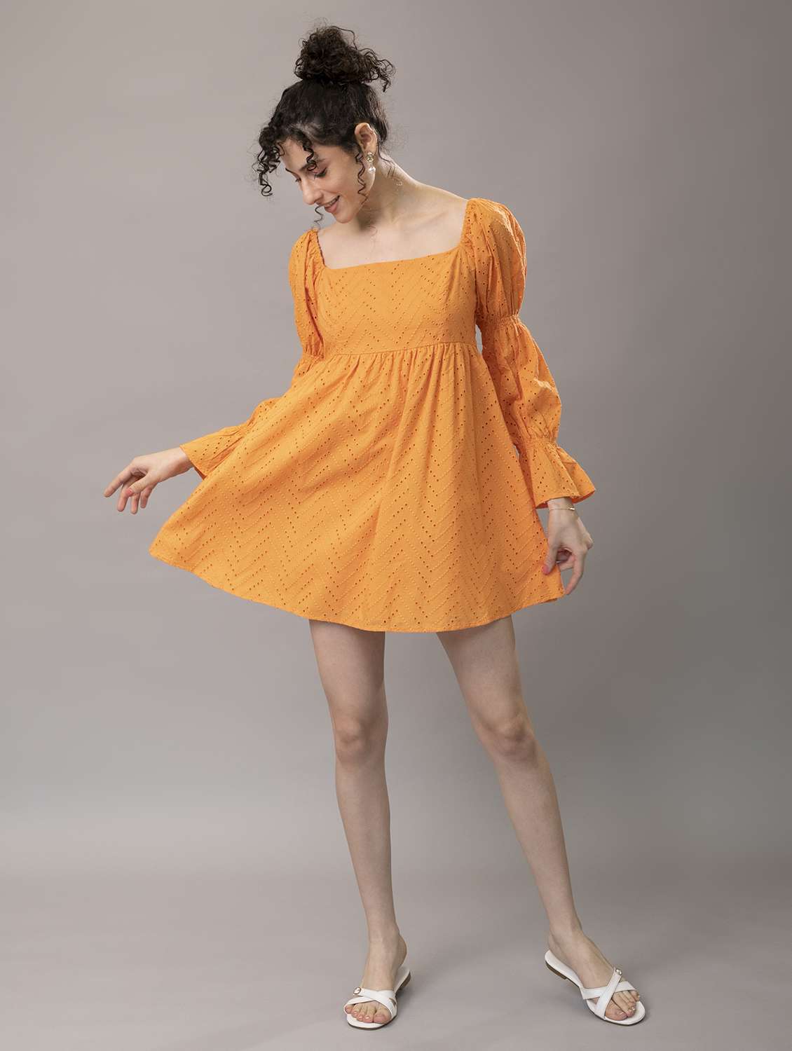 women puff sleeves schiffli a-line dress - 21295438 - Standard Image - 2