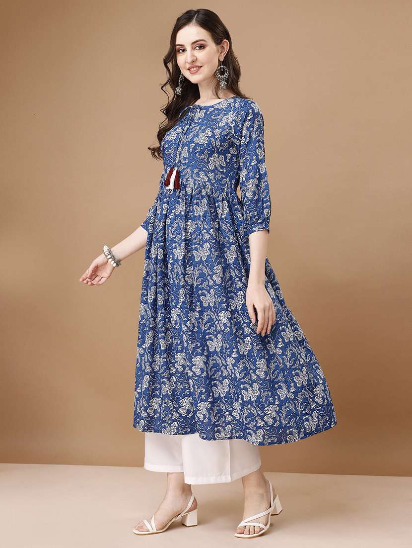 blue cotton blend flared kurta