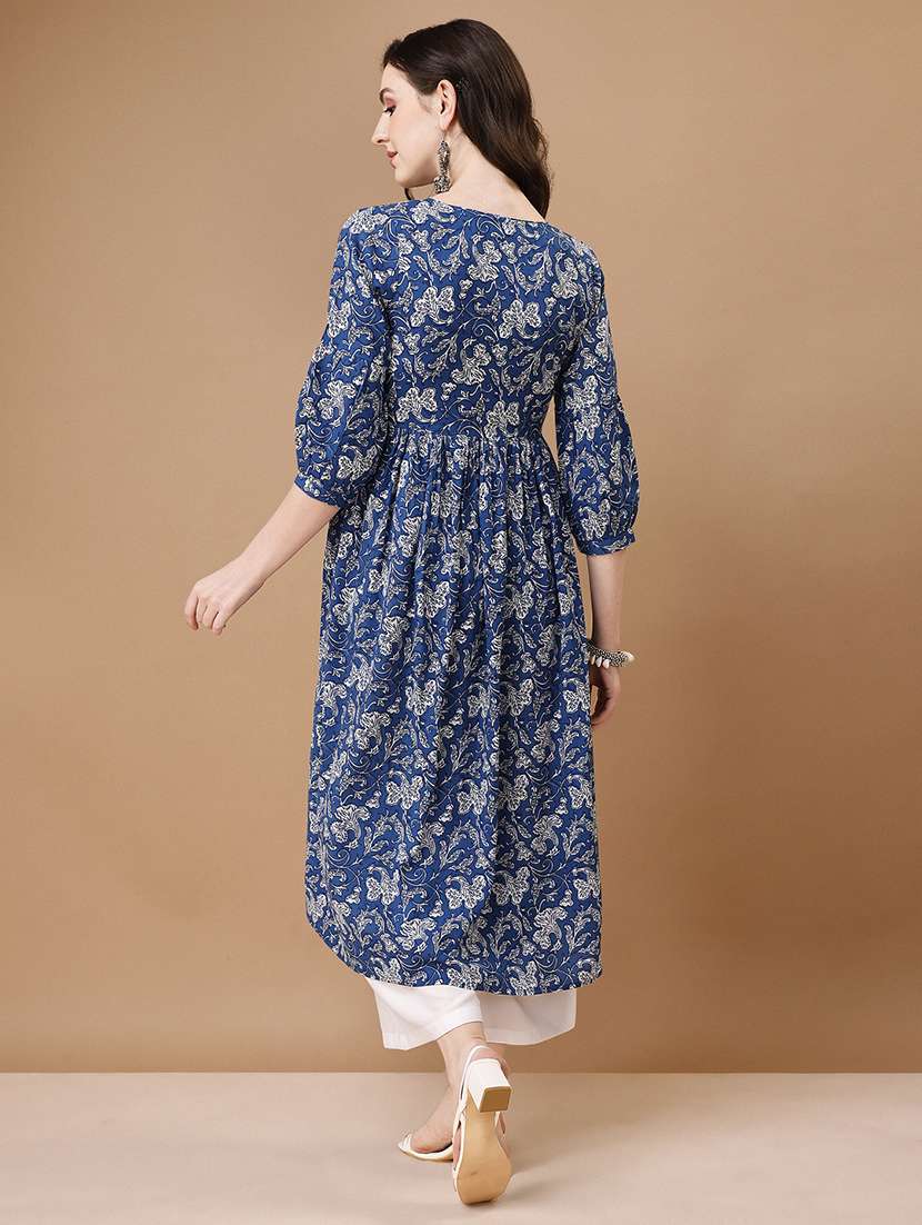 blue cotton blend flared kurta - 21295462 - Standard Image - 2
