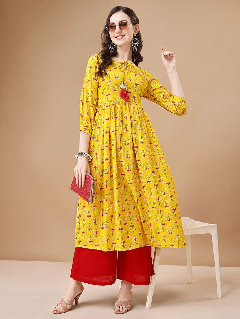 yellow cotton blend flared kurta