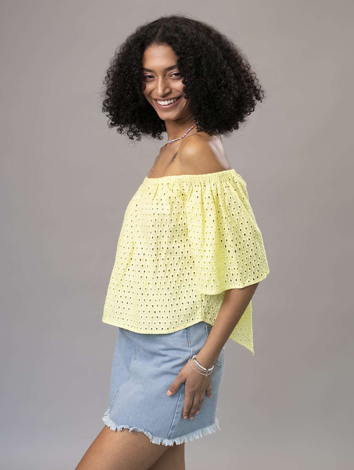 women off shoulder schiffli top - 21295516 - Standard Image - 2