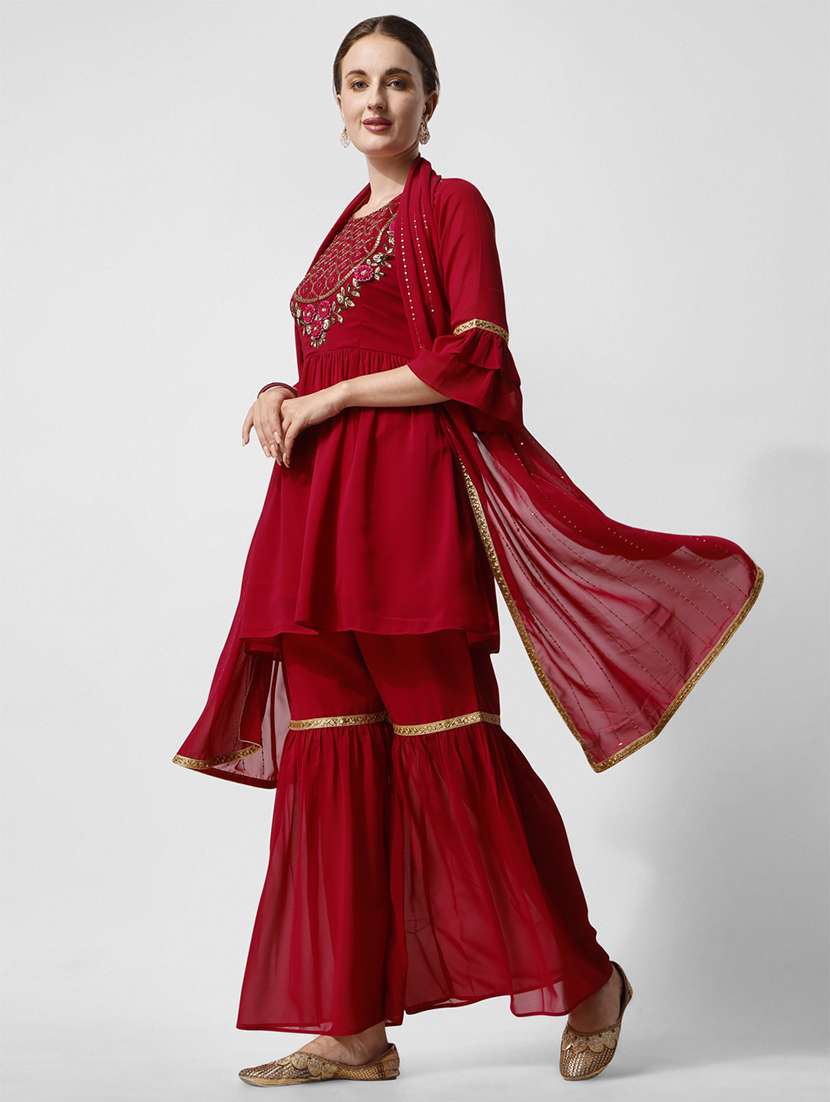 red self design kurta & sharara set