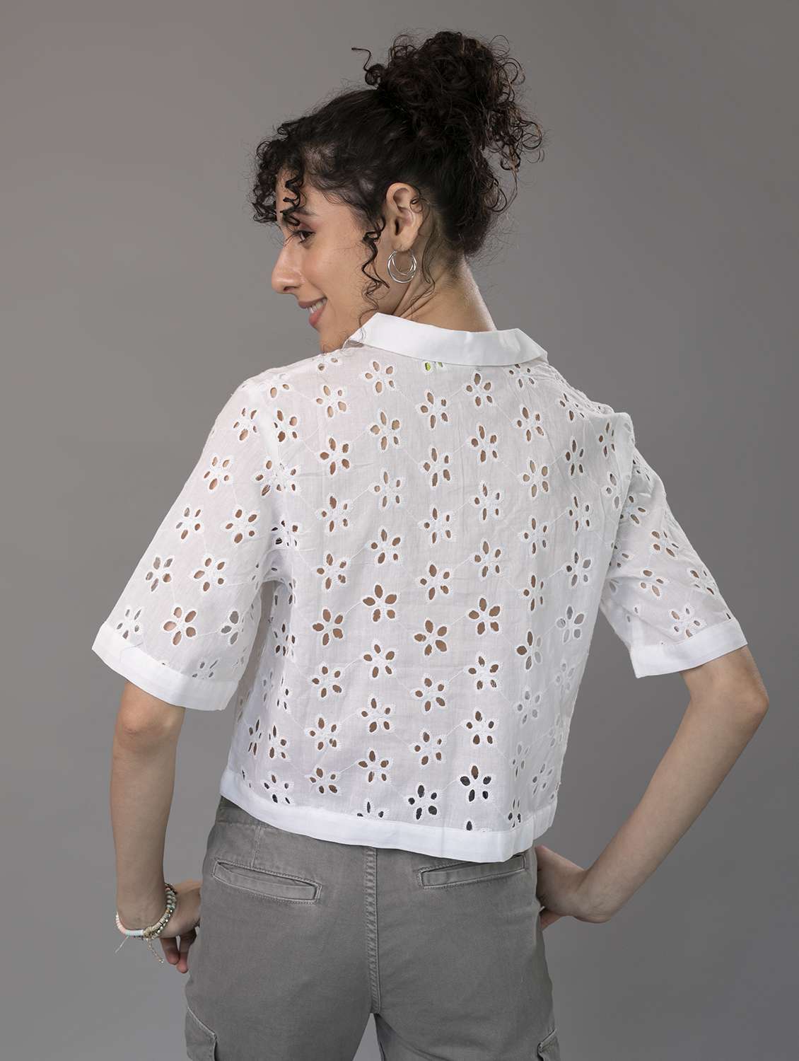 women schiffli collared  crop top - 21295698 -  Standard Image - 2