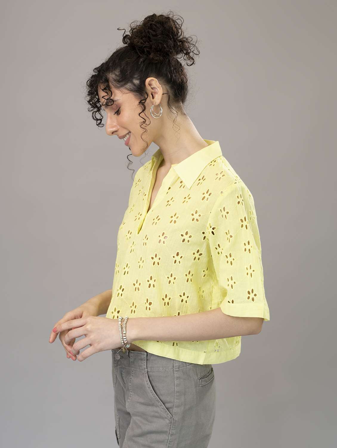 women yellow schiffli collared crop top - 21295704 -  Standard Image - 2