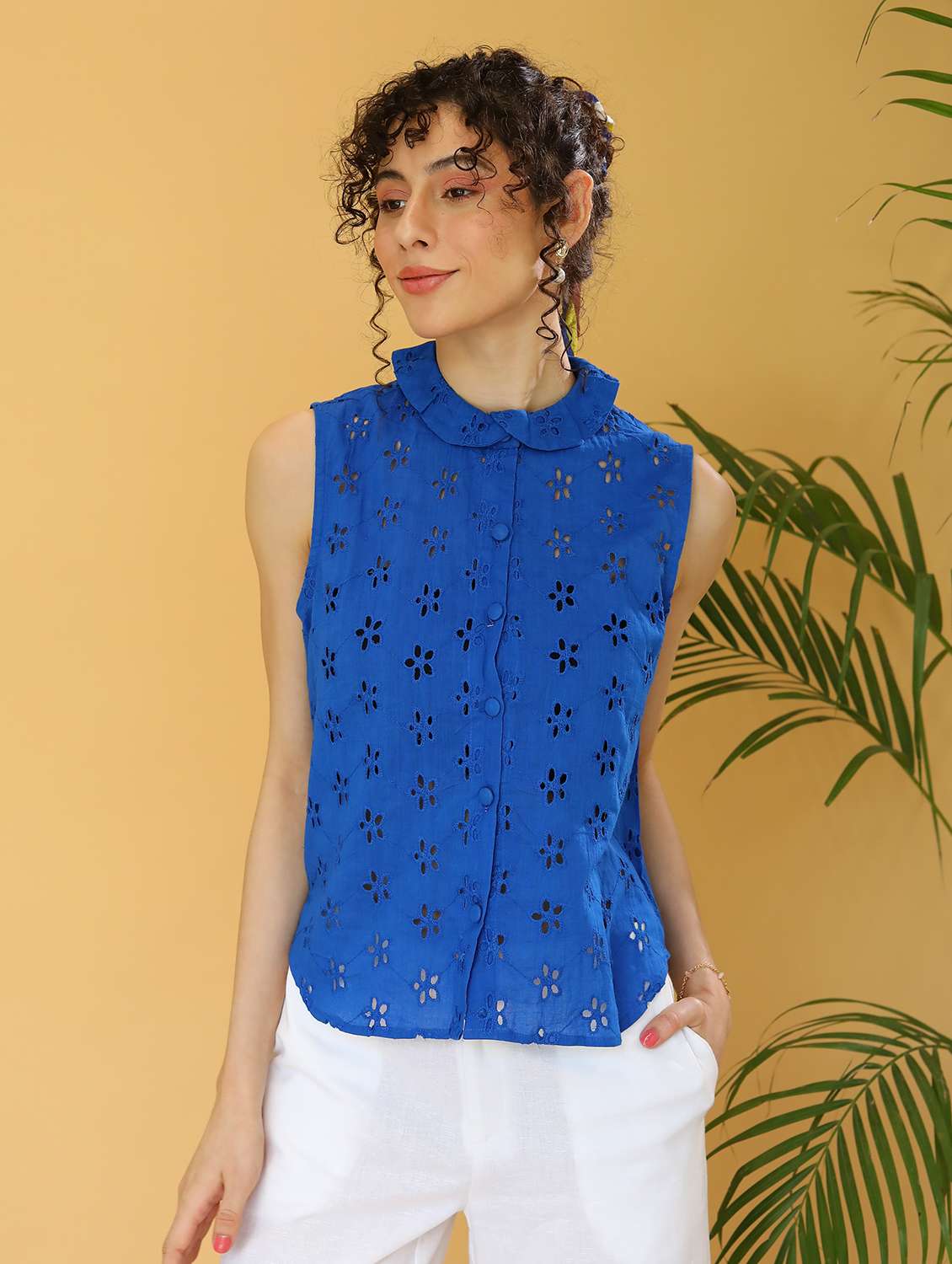 women blue schiffli shirt style top - 21295711 -  Standard Image - 2