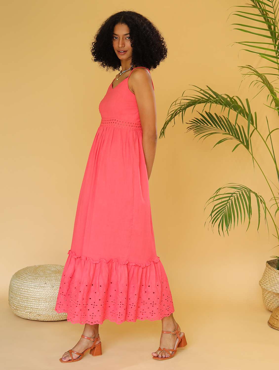 women shoulder strap schiffli tiered dress - 21295814 -  Standard Image - 2