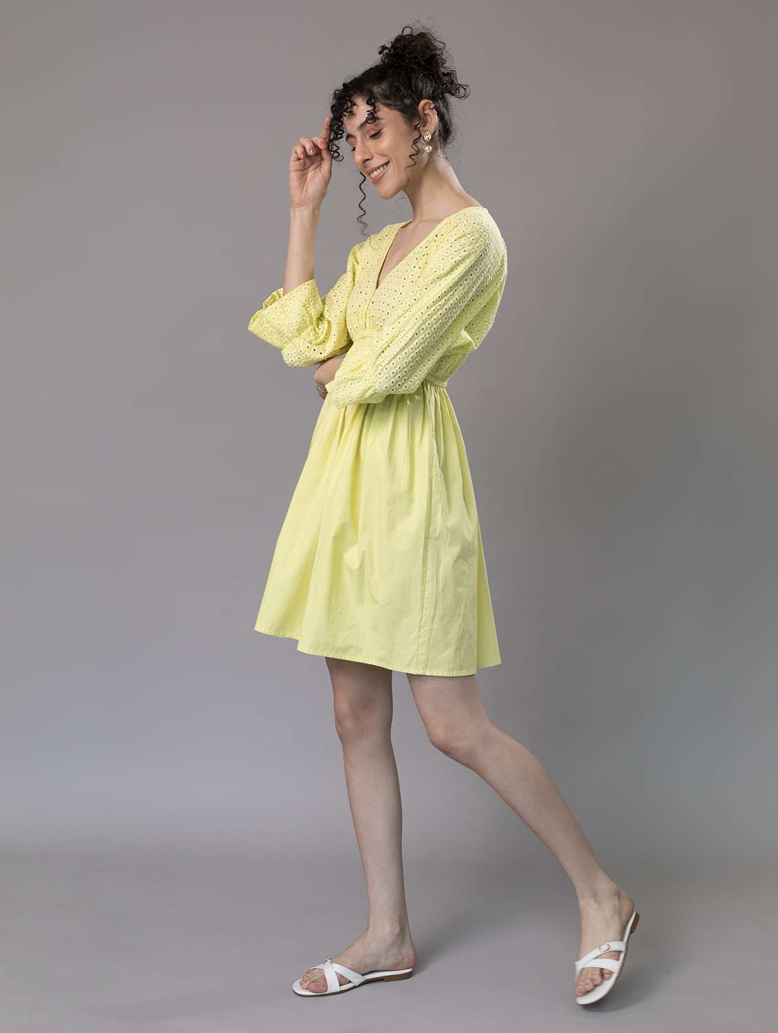 women yellow schiffli btwing sleeves a-line dress - 21295825 -  Standard Image - 2