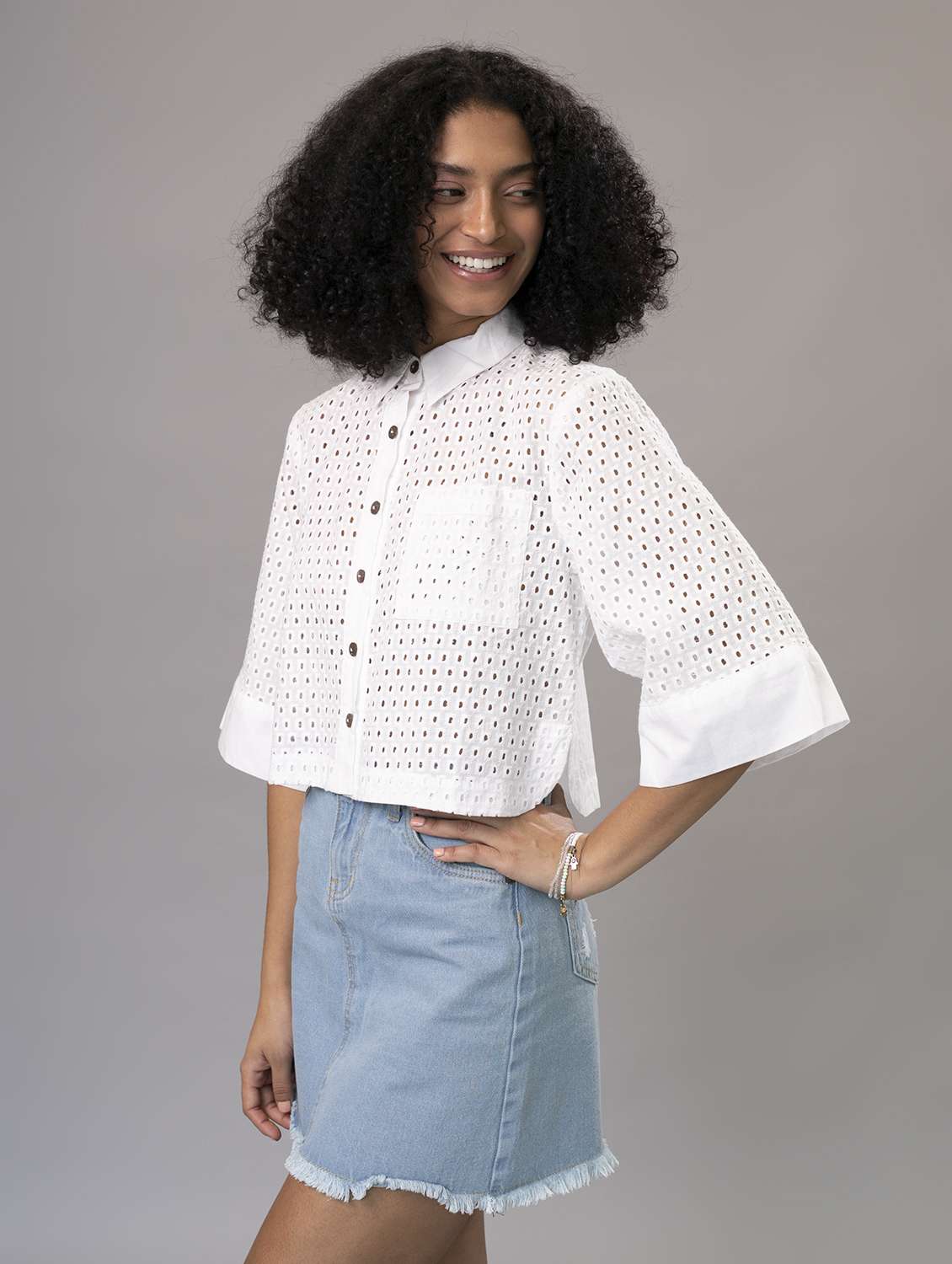 women schiffli collared crop boxy shirt  - 21295826 -  Standard Image - 2