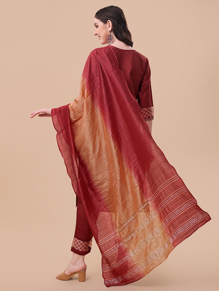 maroon self design kurta & dupatta set - 21296054 - Standard Image - 2