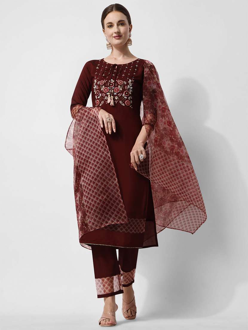 maroon self design kurta & dupatta set