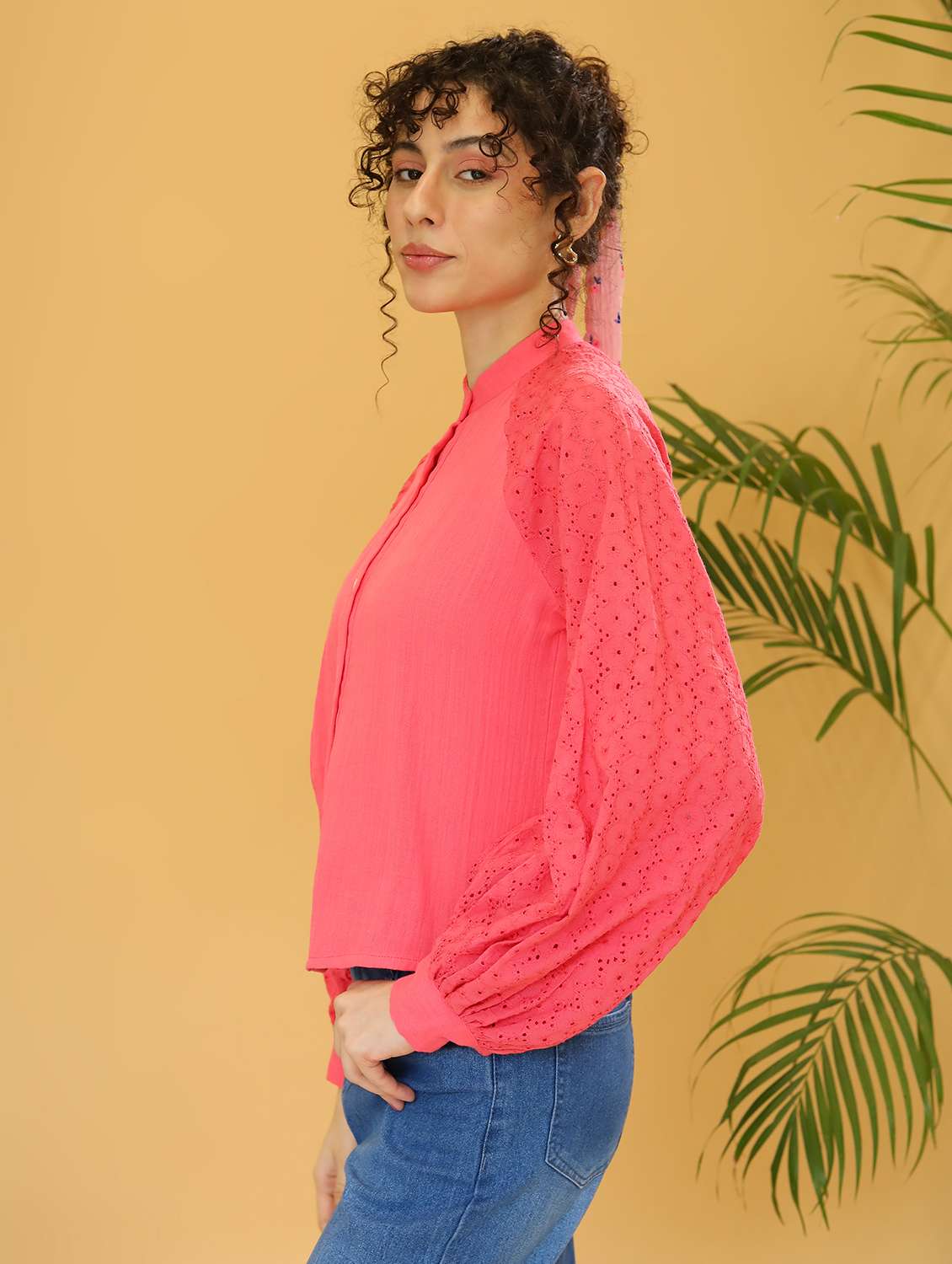 women solid schiffli detailed bishop sleeves top - 21297287 -  Standard Image - 2