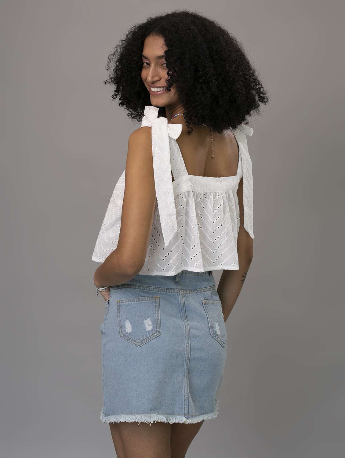 women solid schiffli tie up sleeves crop top - 21297289 -  Standard Image - 2