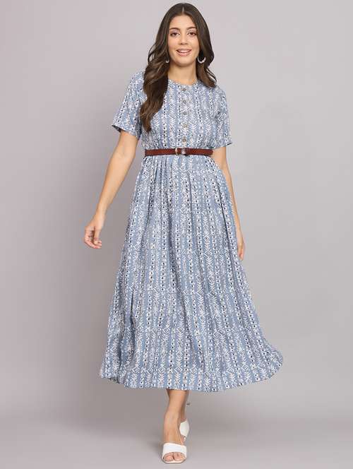 blue printed crepe a-line dress - 21297304 -  Standard Image - 0