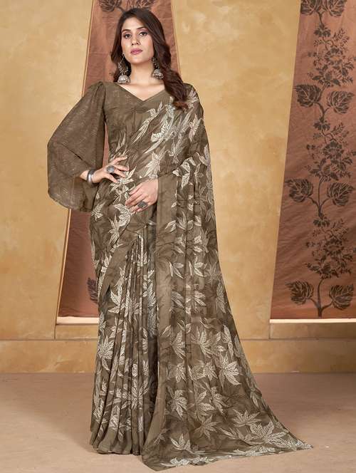 brown georgette printed saree with blouse - 21303628 -  Standard Image - 0