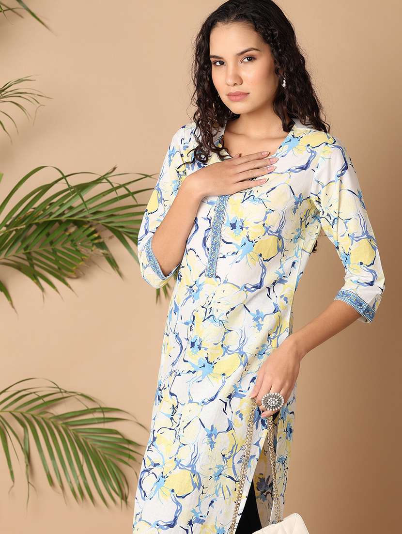 women three quarter sleeve printed straight kurta - 21303812 -  Standard Image - 2