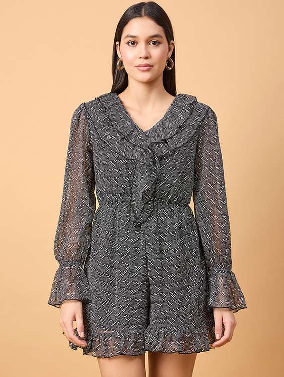 black polyester printed romper 