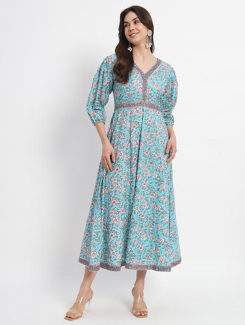 women floral print puff sleeves midi dress - 21304120 - Standard Image - 0
