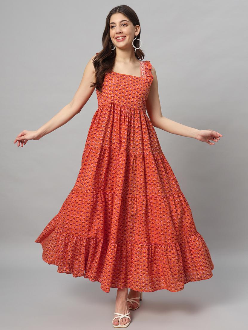 women orange cotton a-line dress - 21304129 - Zoom Image - 0