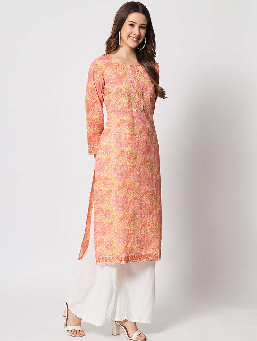 women peach cotton blend straight kurta - 21304130 -  Standard Image - 2