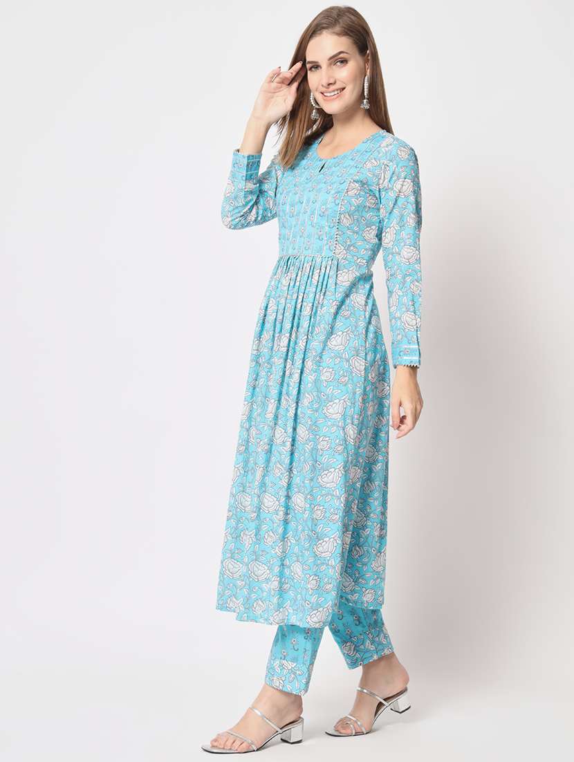 women light blue floral kurta pant set - 21304176 -  Standard Image - 2