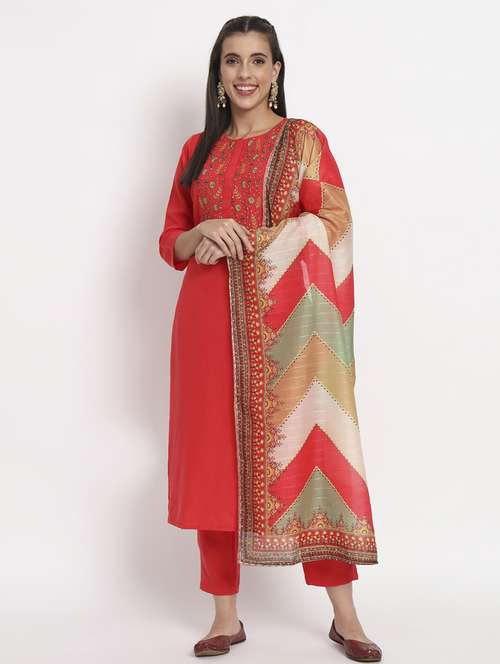 women three quarter sleeve kurta pant with dupatta set - 21304186 -  Standard Image - 0