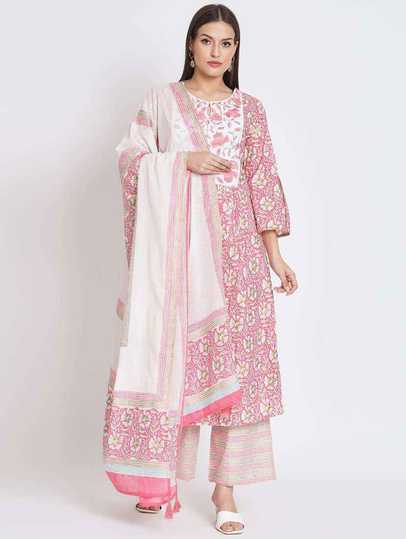 women three quarter sleeve kurta palazzo with dupatta set